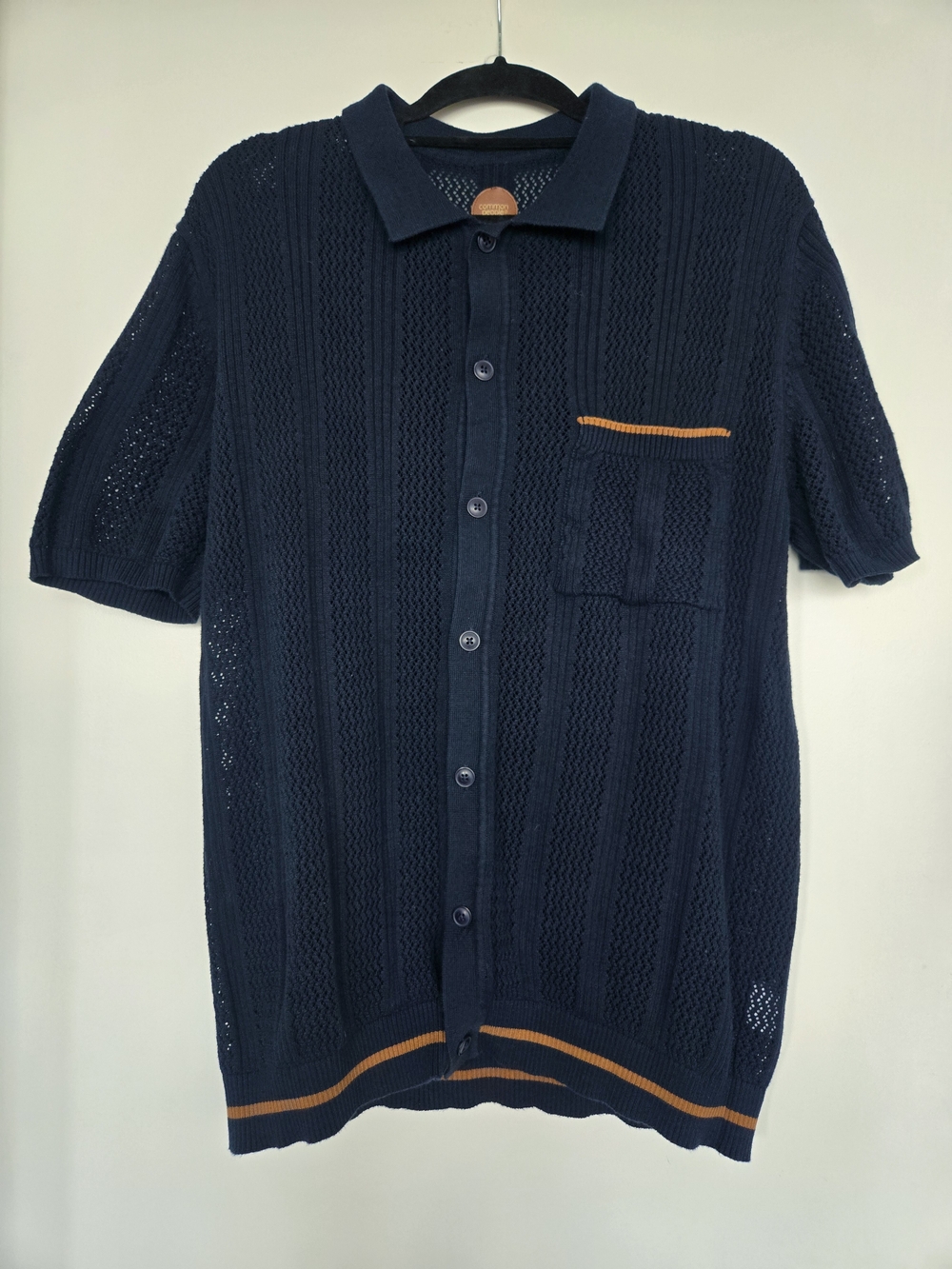 ​Common People Mens L Open Knit Crochet Polo Shirt Navy Blue Button Down